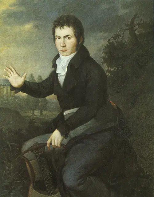 梅勒 1804~1805 年畫的貝多芬肖像,年輕的貝多芬左手抱著一把里拉吉他