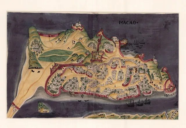 1635 年葡萄牙人博卡羅(António Bocarro)書中的澳門城圖,兩年後芒迪就在這座城裡的晚宴上聽到歌聲、豎琴和 guitterne。