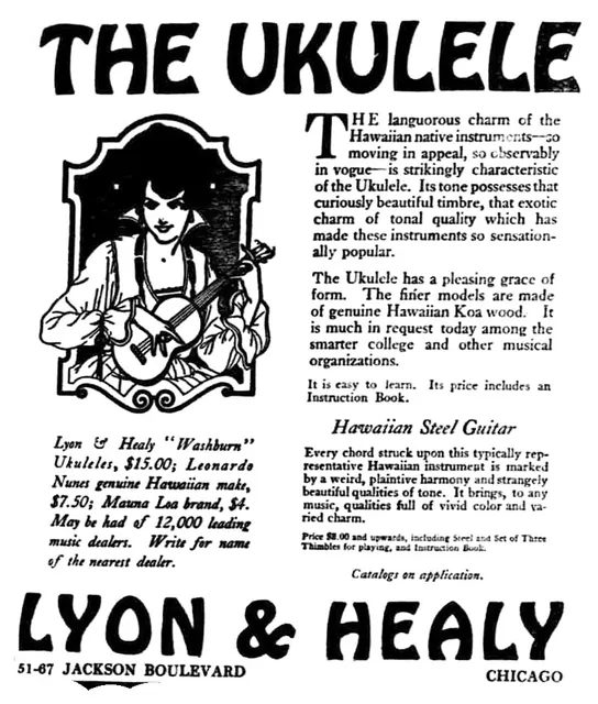 1917 年芝加哥 Lyon & Healy 的報紙廣告,同時賣烏克麗麗和「夏威夷滑棒吉他」(Hawaiian Steel Guitar,售價含滑棒和三個指套);夏威夷彈法那時已是大樂器商主打的商品。