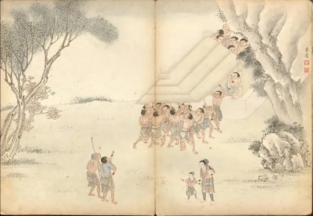 風俗畫冊中眾人合力蓋屋頂的場景,番歌裡常見的聚會、飲酒與合唱,多半發生在這樣全社出動的時刻