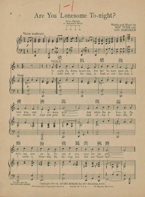 1927 年流行歌〈今晚你寂寞嗎？〉樂譜，頁首標烏克麗麗調弦 G C E A，旋律上方是一個個小格子和弦圖，左下角署名布林編配。