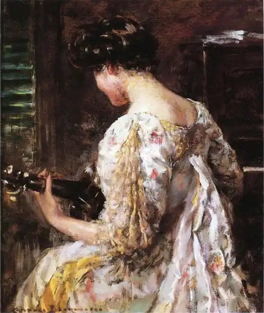 美國畫家卡羅爾·貝克維斯(James Carroll Beckwith)的油畫《彈吉他的女子》