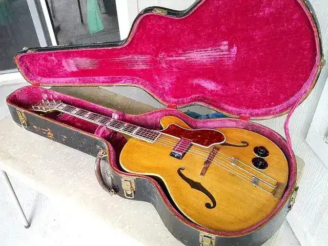 一把 1950 年的 Epiphone Emperor Regent 躺在原廠琴盒裡,上傳者說這是家人從寄賣店找回來的遺物。