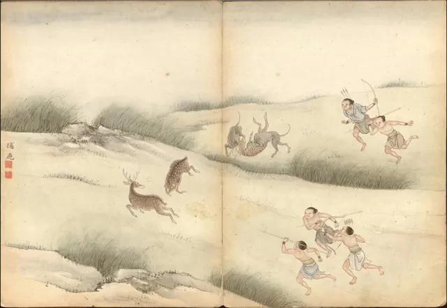 十八世紀中葉一套描繪台灣平埔族生活的風俗畫冊中的〈捕鹿〉,持弓追鹿的獵人,正是〈捕鹿歌〉〈別婦歌〉裡唱到的日常