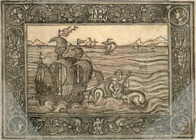 納瓦埃斯 1538 年《海豚六書》的木刻插圖,騎在海豚背上彈琴的人呼應書名;〈摩爾王在格拉納達城裡散步〉的比韋拉版就收在這本書裡。