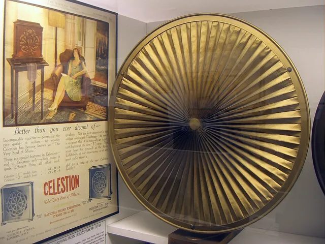倫敦科學博物館展出的早期 Celestion 喇叭與海報，標語是「The Very Soul of Music」；這家公司在 1920 年代是做收音機喇叭起家的