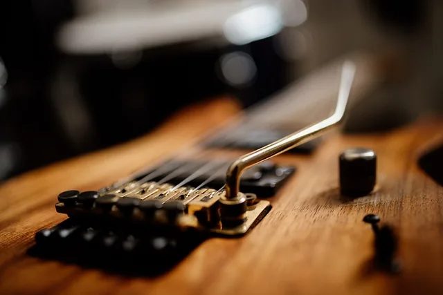 Floyd Rose 雙鎖搖座特寫:琴橋上的螺絲把每條弦鎖死。