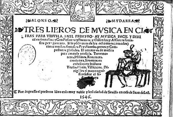 穆達拉 1546 年《比韋拉數字譜三書》的書名頁,寫著書裡有給吉他的幻想曲,也有羅曼斯、比揚西科等歌;最下方註明在塞維亞胡安·德·萊昂的印刷坊印行。