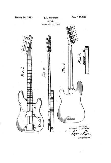 李奧·芬達 1951 年替 Precision Bass 申請的設計專利圖,這把有琴格的電貝斯因為音準「精準」而得名。