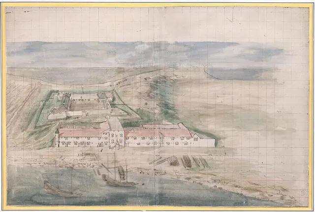 荷蘭製圖師文本斯(Johannes Vingboons)工作室約 1665 年的水彩,畫的是熱蘭遮城前的長官公署與倉庫;這一課的號聲與鼓聲,就在這片城堡與市街之間響起