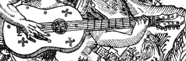 1536 年路易斯·米蘭維烏埃拉曲集《樂師》卷首木刻裡的維烏埃拉,這類樂器用的是成對的羊腸弦。
