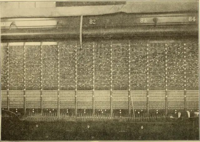 1905 年《美國電話實務》書中的交換機插孔牆，一格一格密密麻麻都是插孔