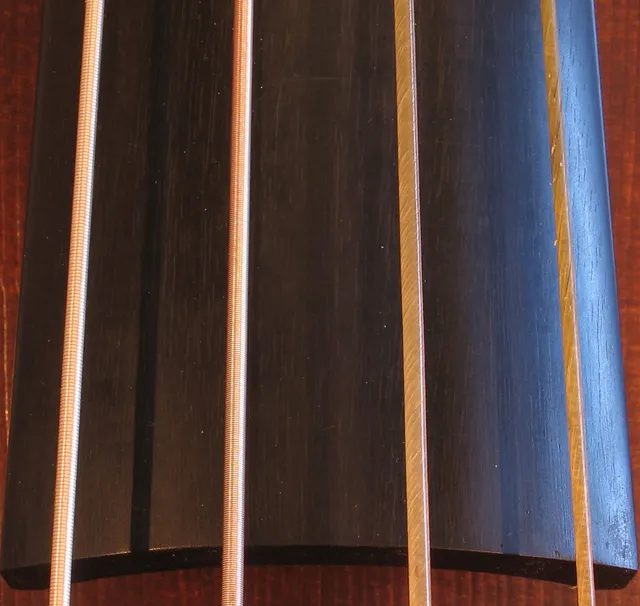 低音提琴的羊腸弦：高音的兩根是純羊腸，低音的兩根在羊腸外纏了銀線，正是十七世紀纏弦發明時的做法