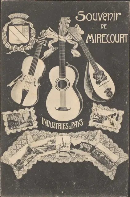 米爾庫爾的舊明信片(約 1880~1945 年),把小提琴、吉他、曼陀林和蕾絲當作小鎮的特產