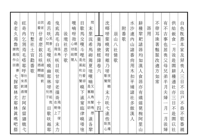 《臺海使槎錄》卷六書頁,右起可見〈崩山八社情歌〉與〈後壠社思子歌〉,大字記音、小字註明意思