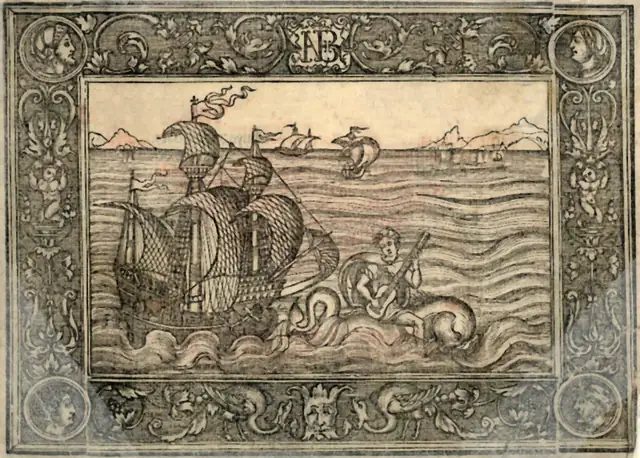 1538 年納瓦艾斯《海豚六書》裡的木刻:一位樂手騎在海豚背上彈琴,遠處是帆船和大海。