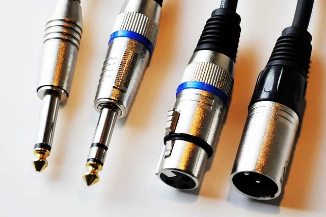由左至右：單聲道 6.35 公釐插頭、立體聲插頭，以及 XLR 母頭和公頭；吉他導線用的是最左邊只有尖端和套筒兩段的單聲道插頭