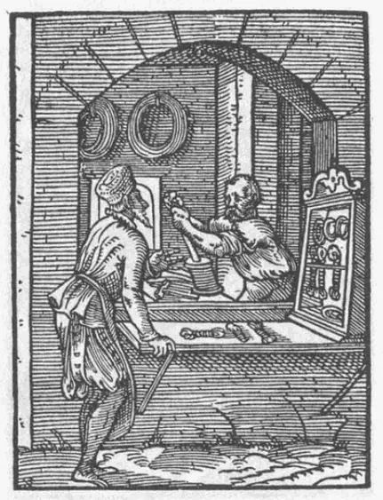 1568 年德國《行業之書》裡的拉絲匠作坊,牆上和窗邊掛著一捲捲拉好的金屬線;把金屬拉成細線的手藝,是後來鋼弦的根本。