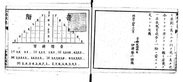 明治 14 年(1881)《小學唱歌集 初編》卷首的「音階」圖與 1 到 7 數字音階練習,右頁是伊澤修二的識語。