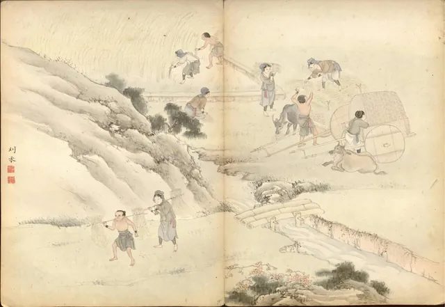 同一套十八世紀風俗畫冊中的收割場景,可以對照蕭壠社〈種稻歌〉裡播種、祈雨、收成的農事