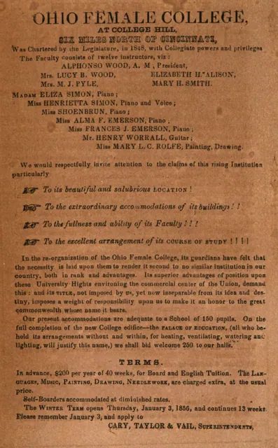 1857 年俄亥俄女子學院的廣告,教師名單裡寫著「Henry Worrall, Guitar」,正是沃勒爾登記〈西班牙方當果〉版權的前幾年。