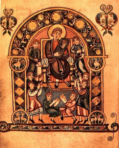 八世紀《維斯帕先詩篇》(Vespasian Psalter)中,大衛王抱著里拉琴,身旁圍著樂手,是盎格魯—撒克遜人畫自己樂器的珍貴圖像。