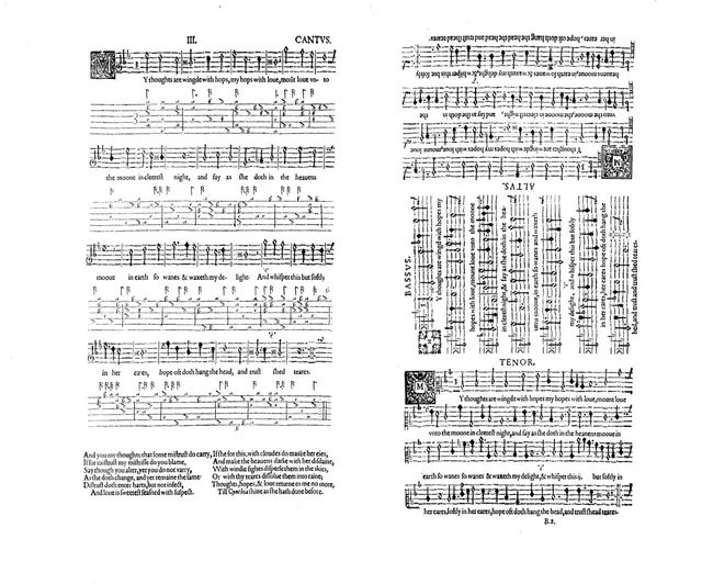 道蘭(John Dowland)1597 年《第一本歌曲集》中的一頁,歌聲和魯特琴伴奏印在同一頁,讓人圍著桌子一起唱。