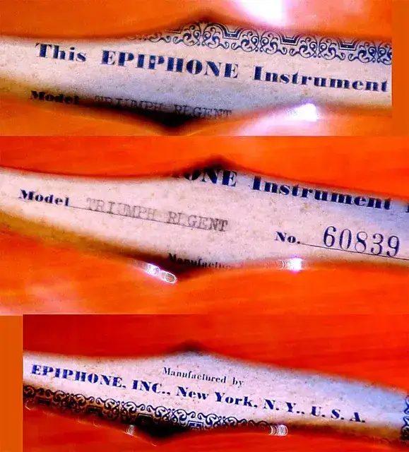 紐約時期 Epiphone 拱面吉他琴身內的標籤,收藏家常靠標籤與序號判斷年代。