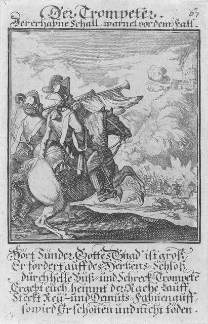 荷蘭版畫家路依肯(Caspar Luyken)1711 年替德文職業圖鑑刻的〈號手〉(Der Trompeter),畫的是在戰場上騎馬吹號的軍中號手,荷蘭國家博物館收藏