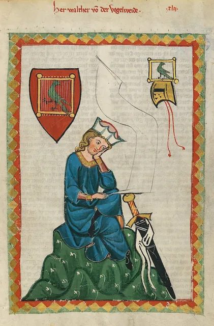 《馬內塞古抄本》（Codex Manesse）中的瓦爾特·馮·德·福格爾魏德（Walther von der Vogelweide），德語「愛之歌手」承接了行吟詩人的傳統。