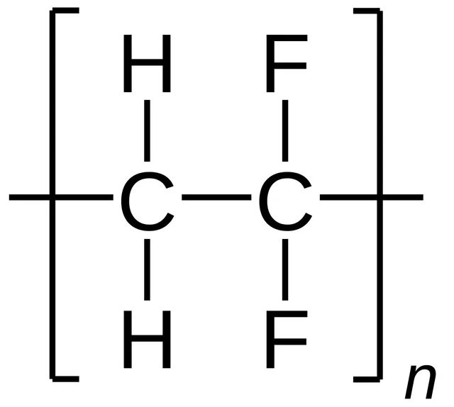 聚偏二氟乙烯(PVDF)的化學結構,含氟、比尼龍重,就是俗稱「碳弦」的材料